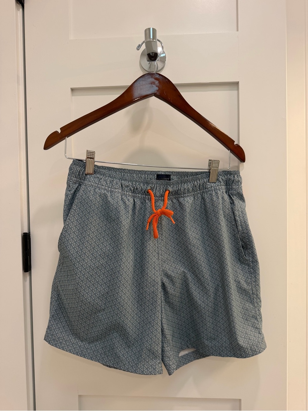 J. Crew Light Blue Geometric Swim Trunks with Orange Drawstring